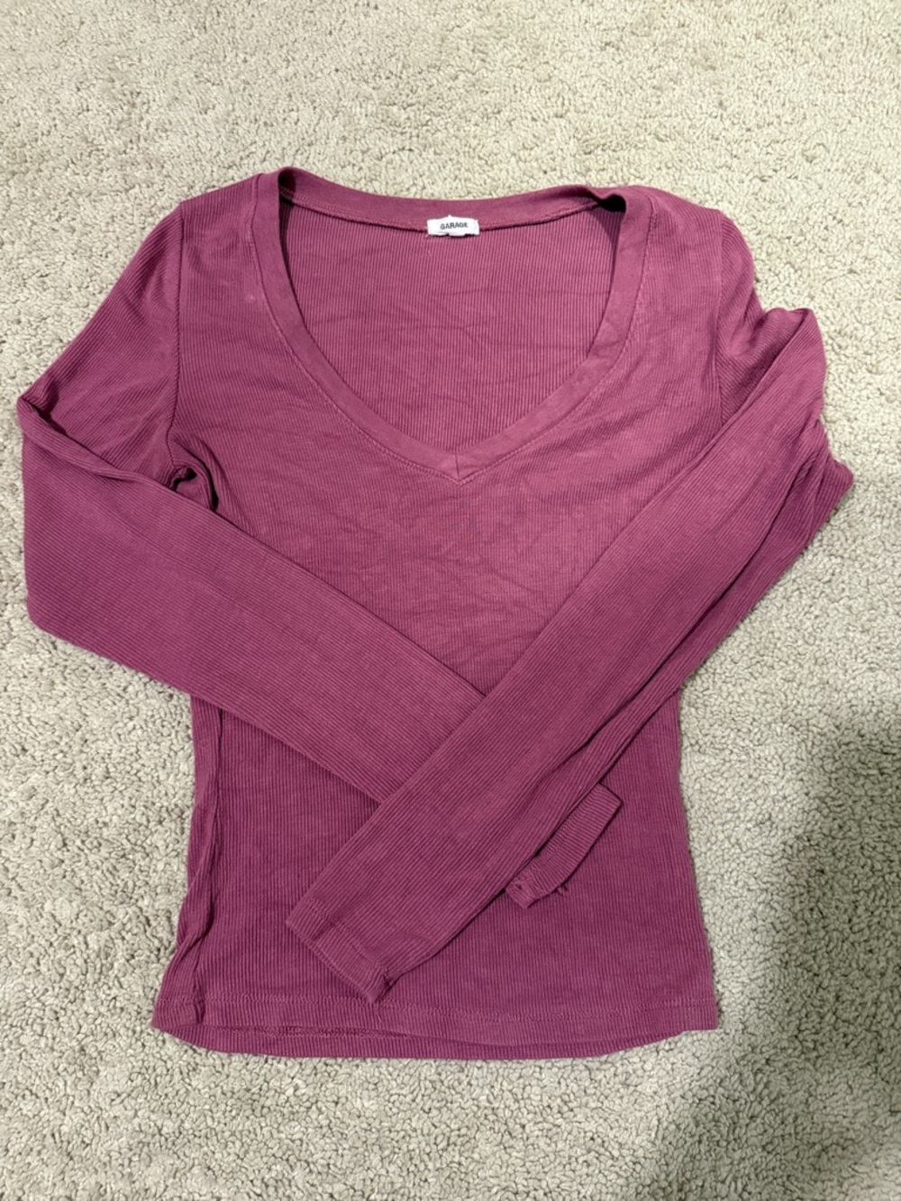 GarGe Plum Ribbed V-Neck Long Sleeve Top